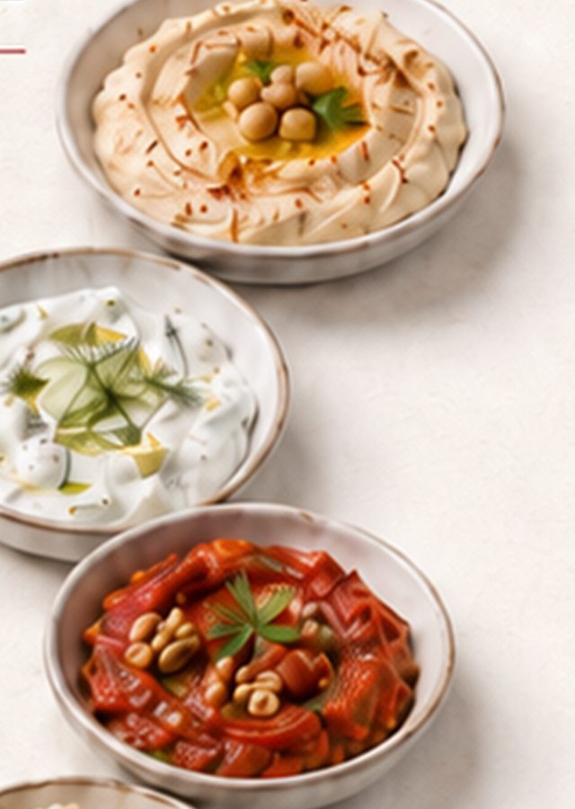 Meze kaseleri: humus, cacık, köz patlıcan